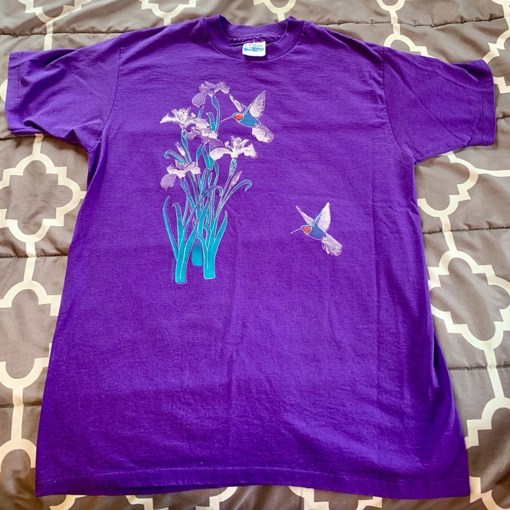 Vintage 1990 Purple Hummingbird LG Single Stitch T-Shirt